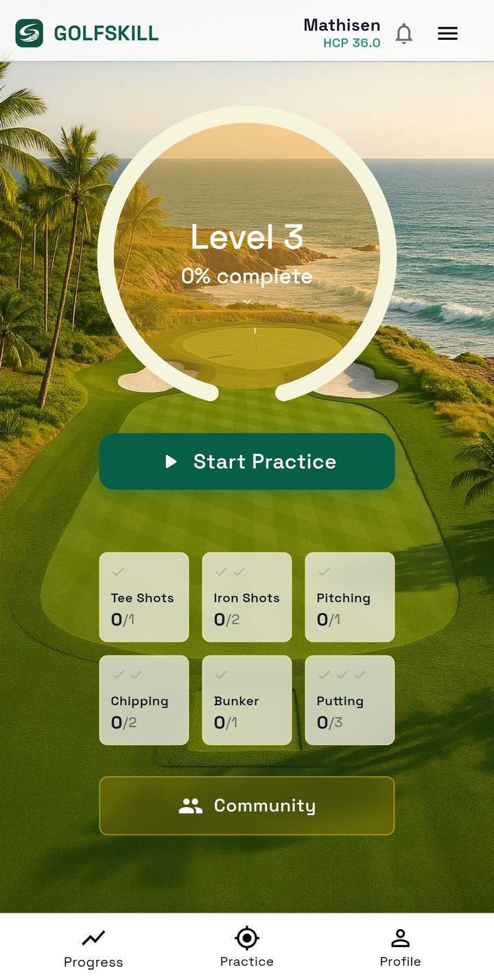 Practice screen — your level and the six categories.