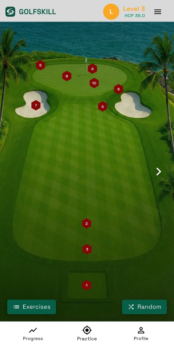 GolfSkill — exercises mapped against a real golf hole, so you can see which shot each one teaches.